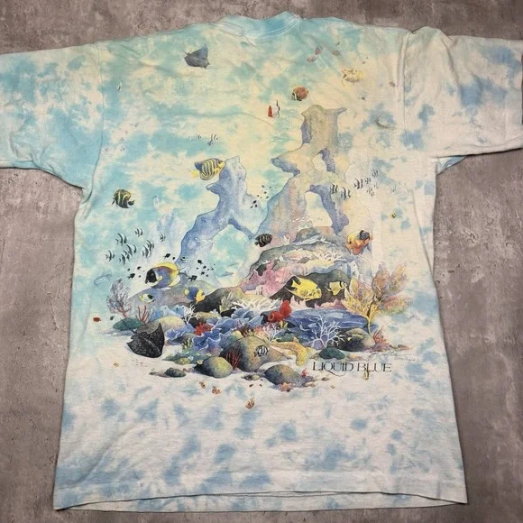 Vintage Liquid Blue Shirt Men's L Tie-Dye Coral Reef Fish AOP Graphic Tee 1992 - Picture 3 of 8